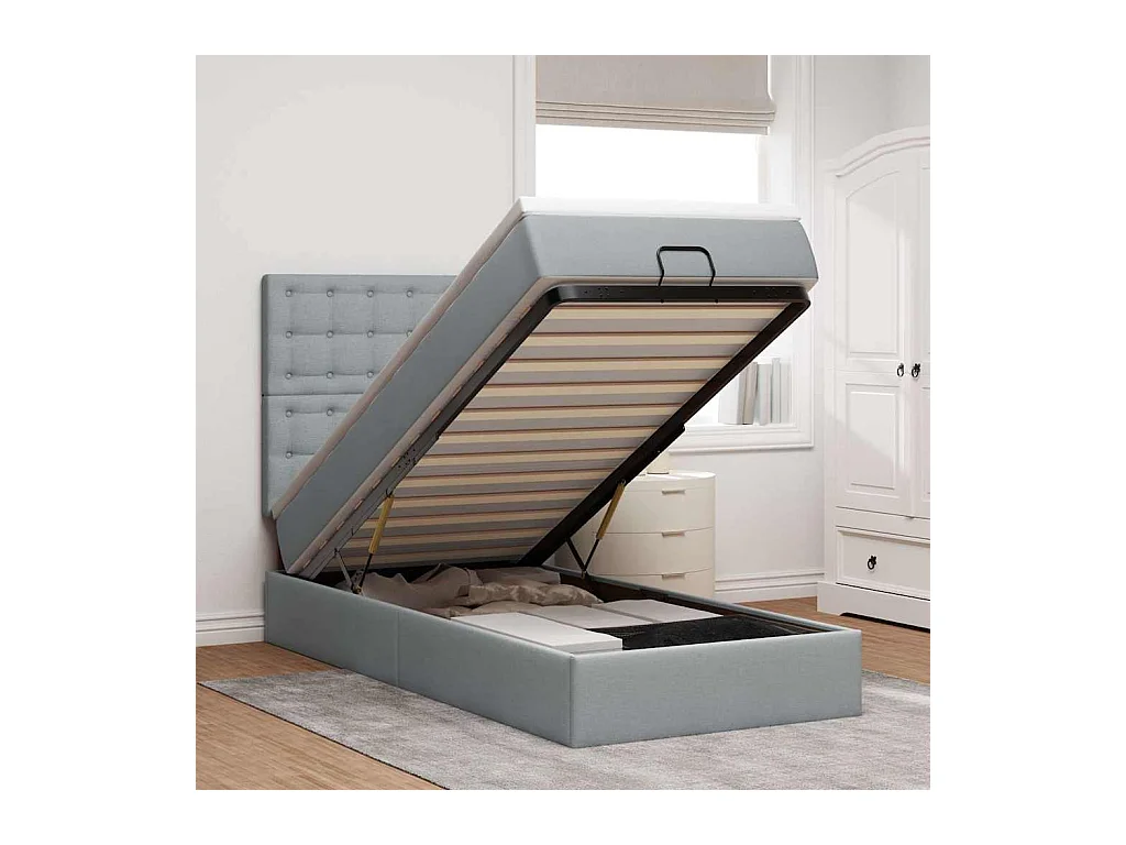 Cadre de lit ottoman et matelas gris clair 100x200 cm tissu