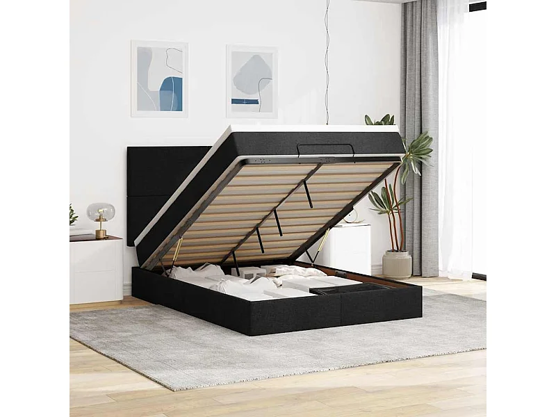 Ottoman-Bett mit Matratze & LEDs Schwarz 140x190 cm Stoff