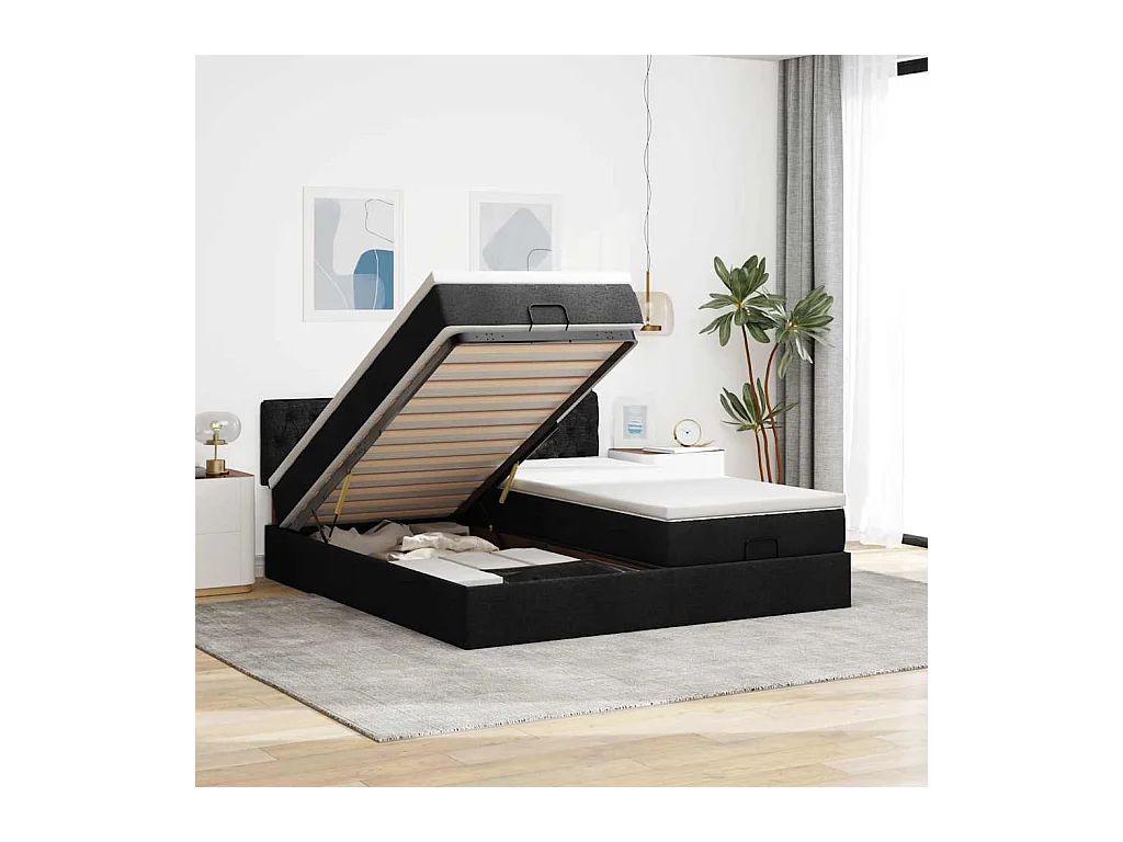 Estructura de cama otomana con colchones tela negra 160x200 cm
