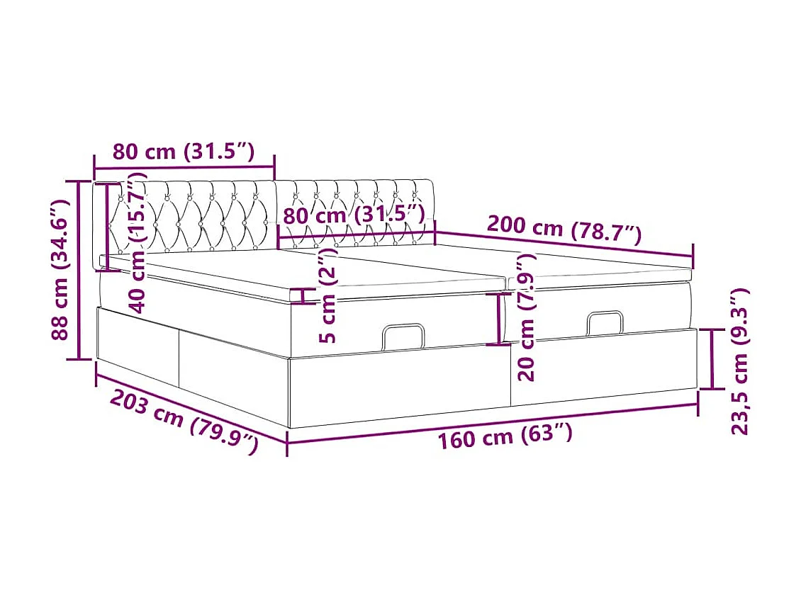 Struttura Letto Pouf con Materassi Nero 160x200 cm in Tessuto