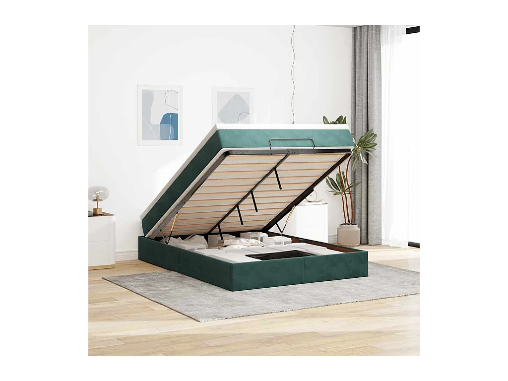 Cadre de lit ottoman avec matelas vert foncé 140x200 cm velours
