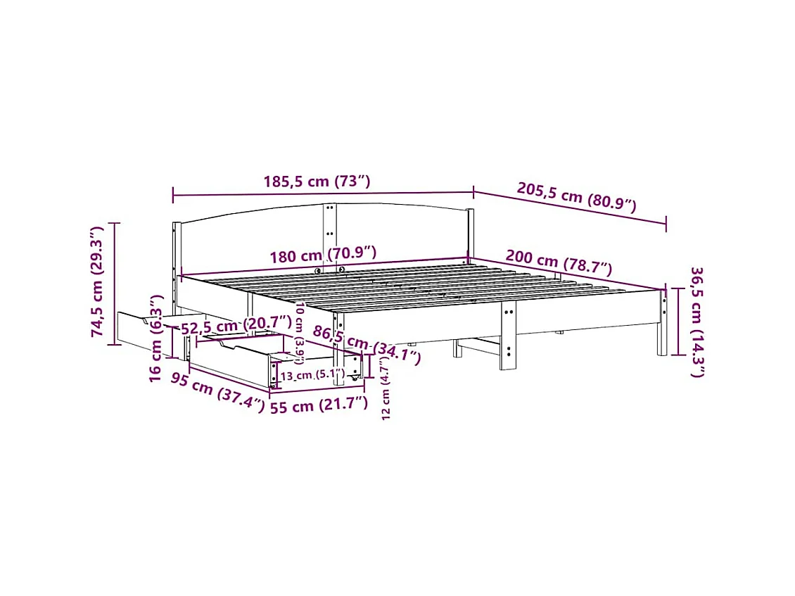 Cadre de lit sans matelas 180x200 cm bois massif de pin