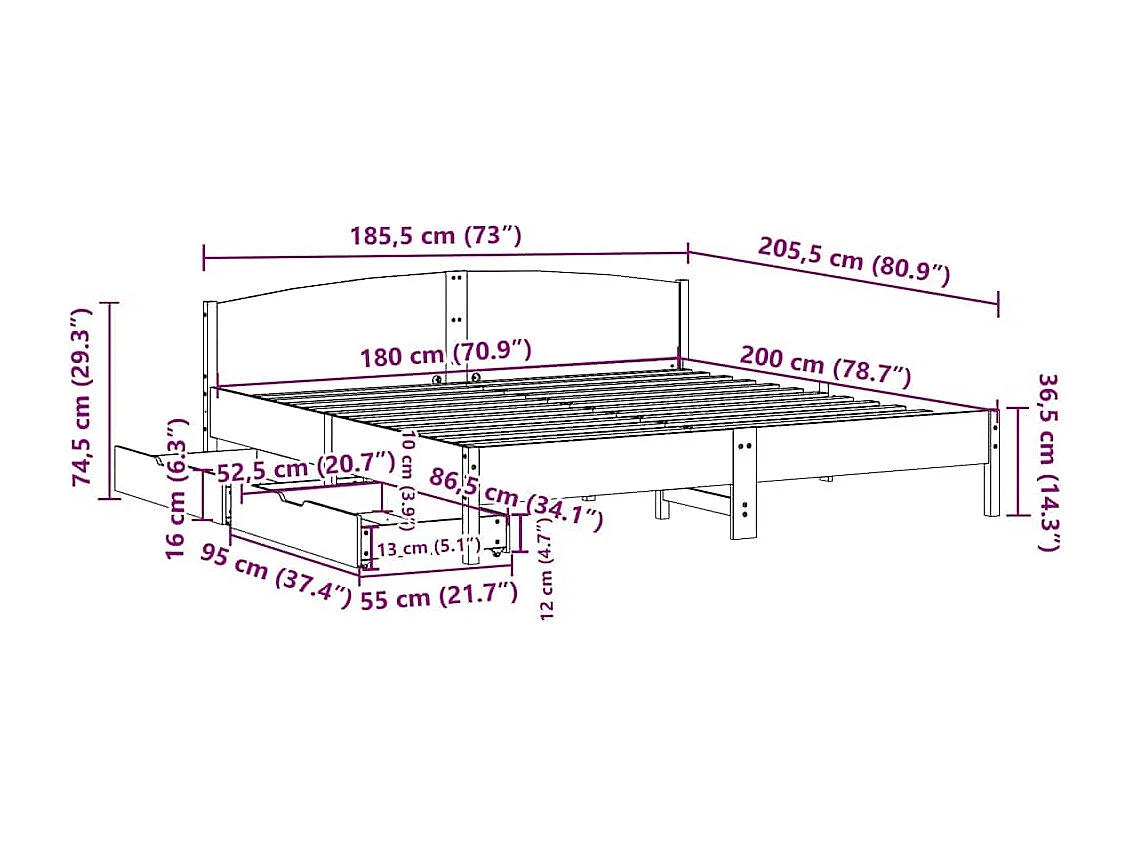 Letto senza Materasso 180x200 cm in Legno Massello di Pino