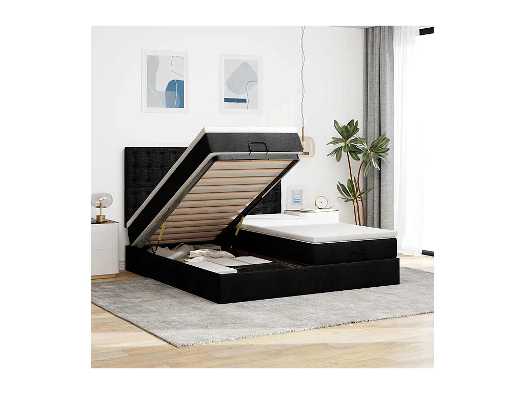 Estructura de cama otomana con colchones tela negra 160x200 cm