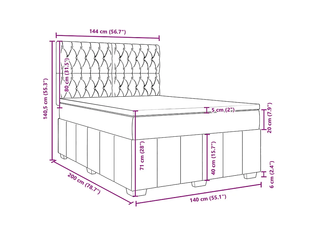 Cama box spring con colchón tela gris claro 140x200 cm