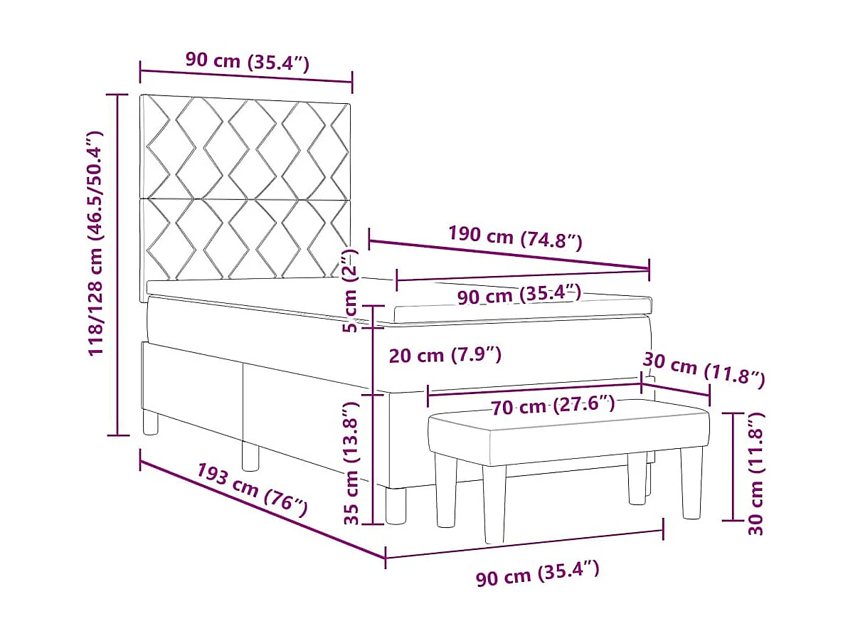 Cama Box com colchão Azul escuro 90 x 190 cm Veludo