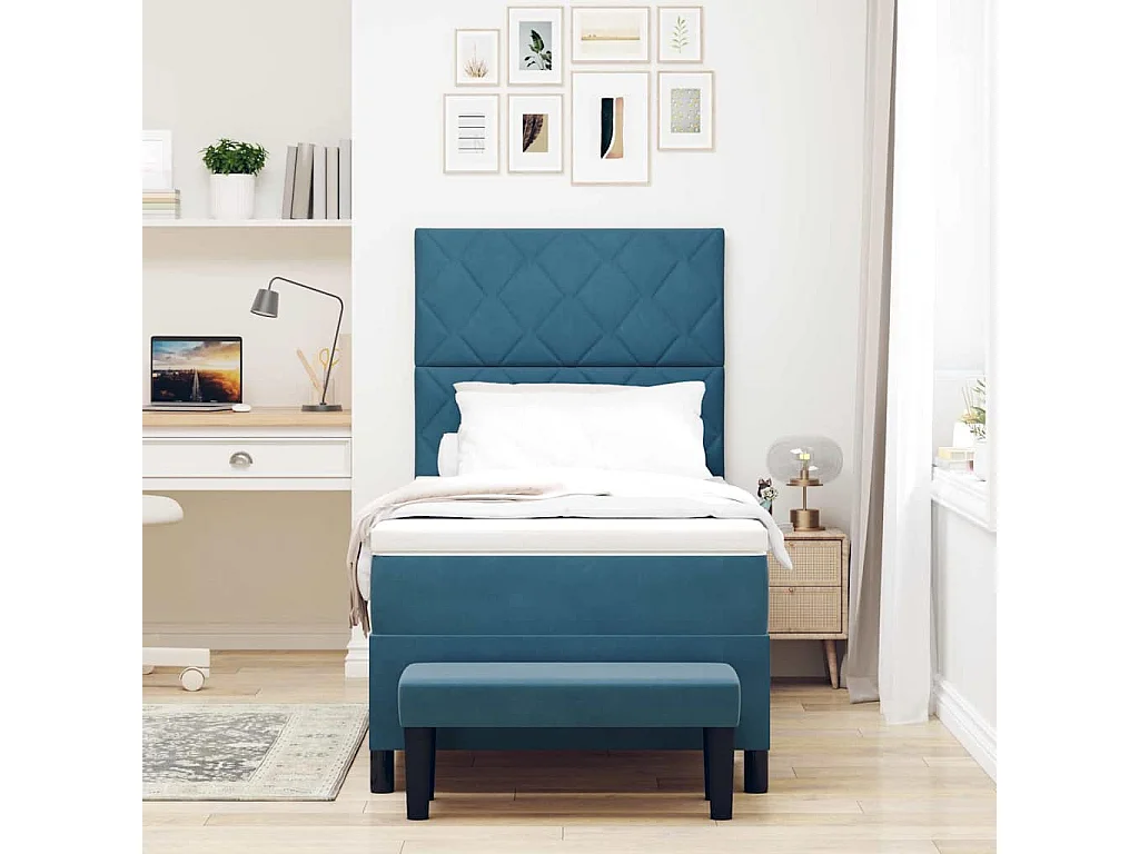 Cama Box com colchão Azul escuro 90 x 190 cm Veludo