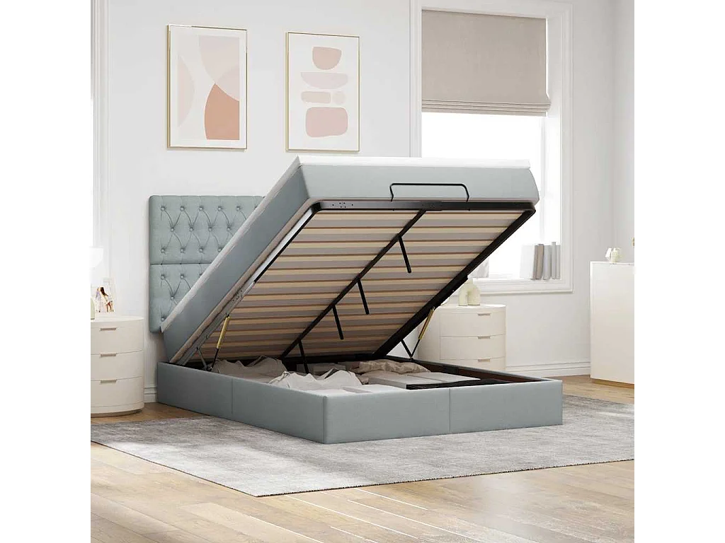 Ottoman-Bett mit Matratze & LEDs Hellgrau 140x190 cm Stoff