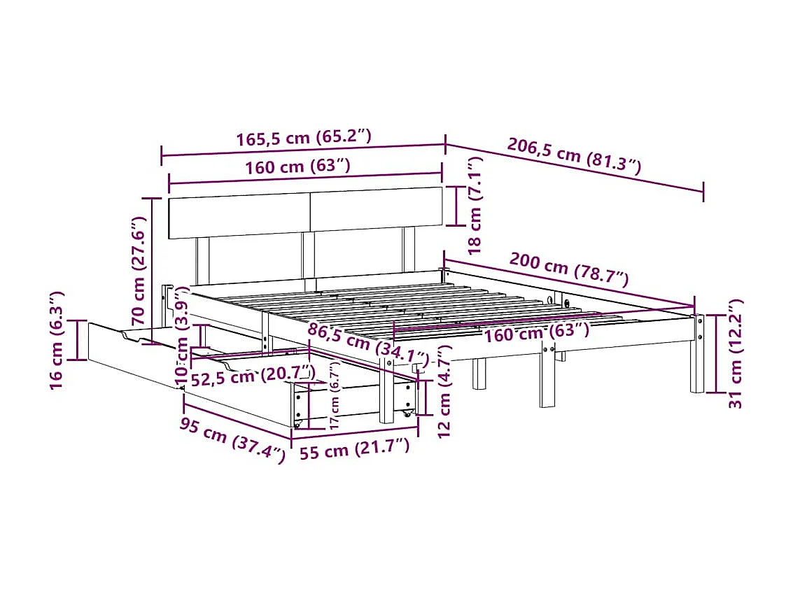 Cadre de lit sans matelas 160x200 cm bois massif de pin