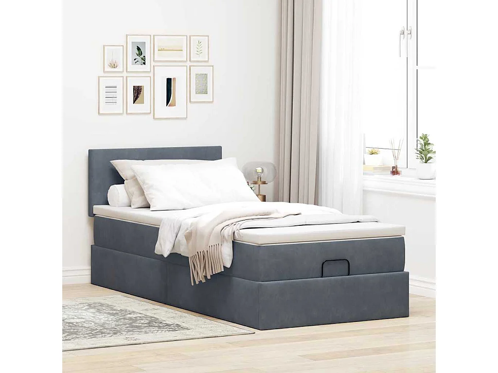 Estructura cama otomana colchón terciopelo gris oscuro 90x190cm