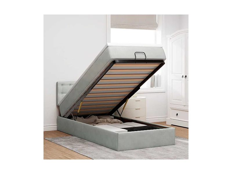 Ottoman-Bett mit Matratze & LEDs Hellgrau 90x190 cm Samt