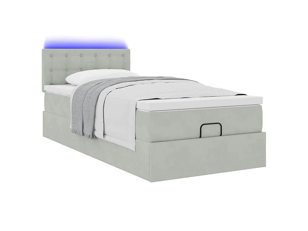 Cadre de lit ottoman et matelas gris clair 90x190 cm velours