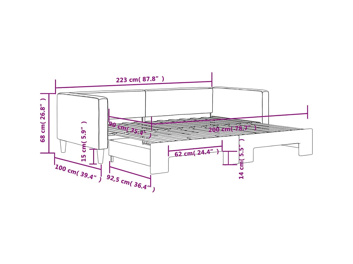 Lit de jour avec gigogne sans matelas crème 90x200 cm