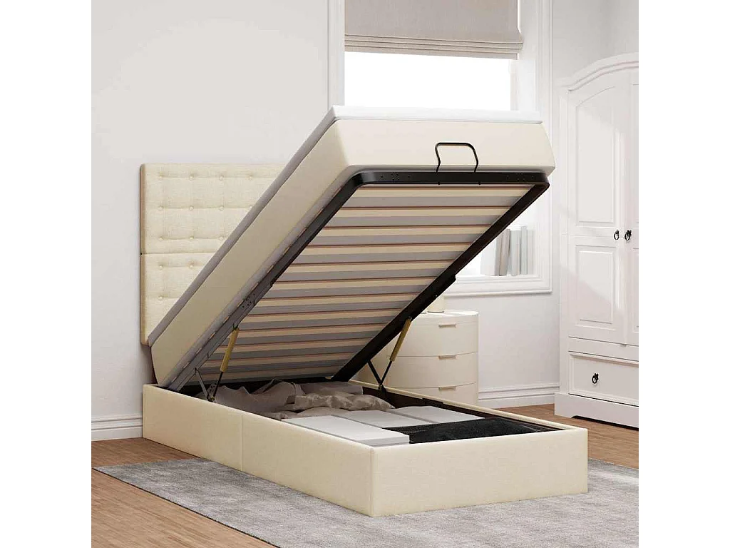 Ottomane Bett mit Matratze & LEDs Creme 90x200 cm Stoff