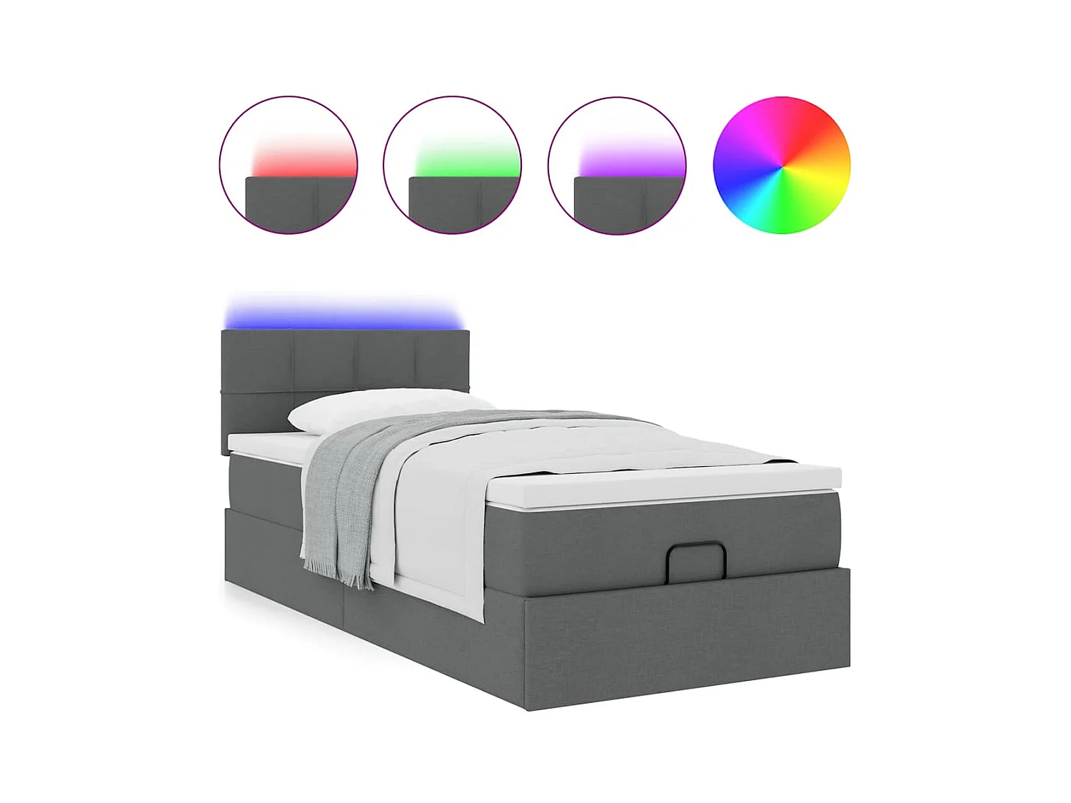 Ottomane Bett mit Matratze & LEDs Dunkelgrau 90x200 cm Stoff