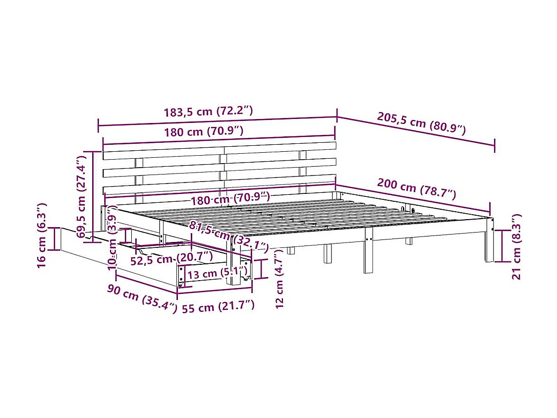 Estructura de cama cajones madera maciza pino blanco 180x200 cm