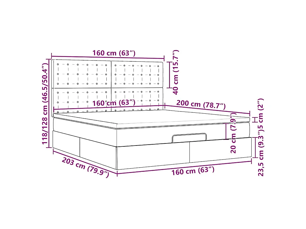 Cadre de lit ottoman avec matelas gris foncé 160x200cm tissu