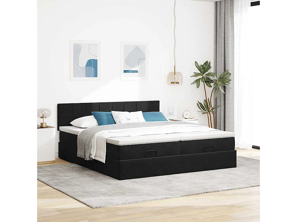 Struttura Letto Pouf con Materassi Nero 160x200 cm in Velluto