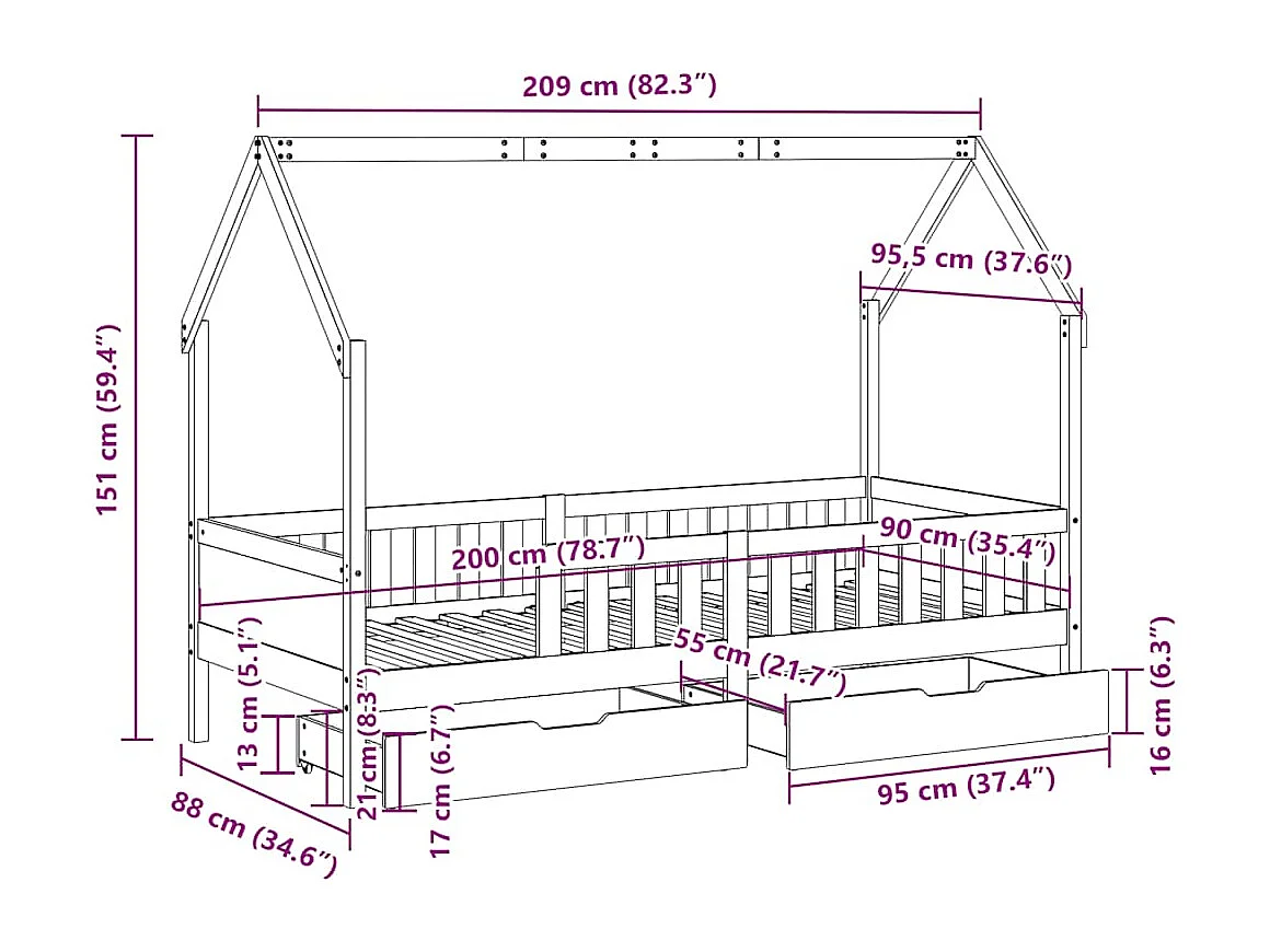 Kinderbett mit Schubladen 90x200 cm Massivholz Kiefer
