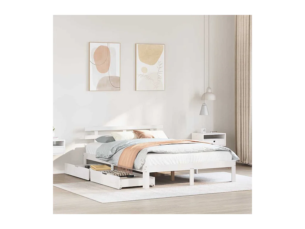 Giroletto con Cassetti Bianco 140x190 cm Legno Massello di Pino