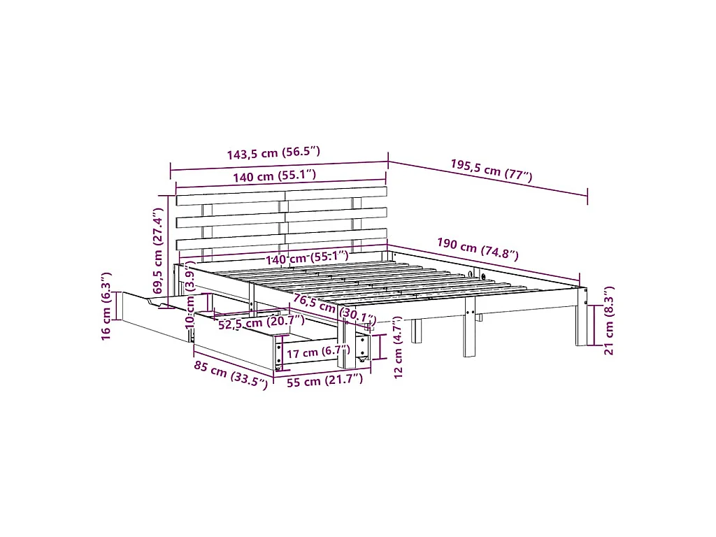 Cadre de lit avec tiroirs sans matelas blanc 140x190 cm