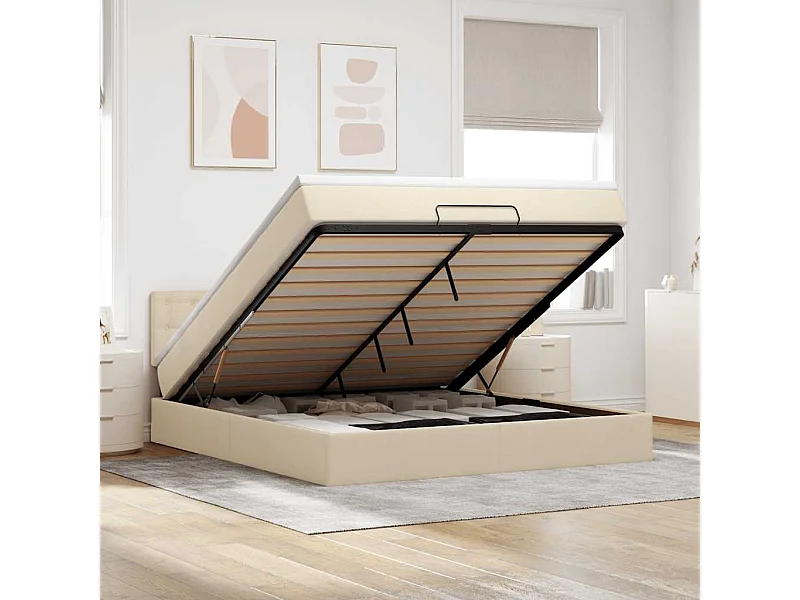 Cadre de lit ottoman avec matelas crème 160x200 cm tissu
