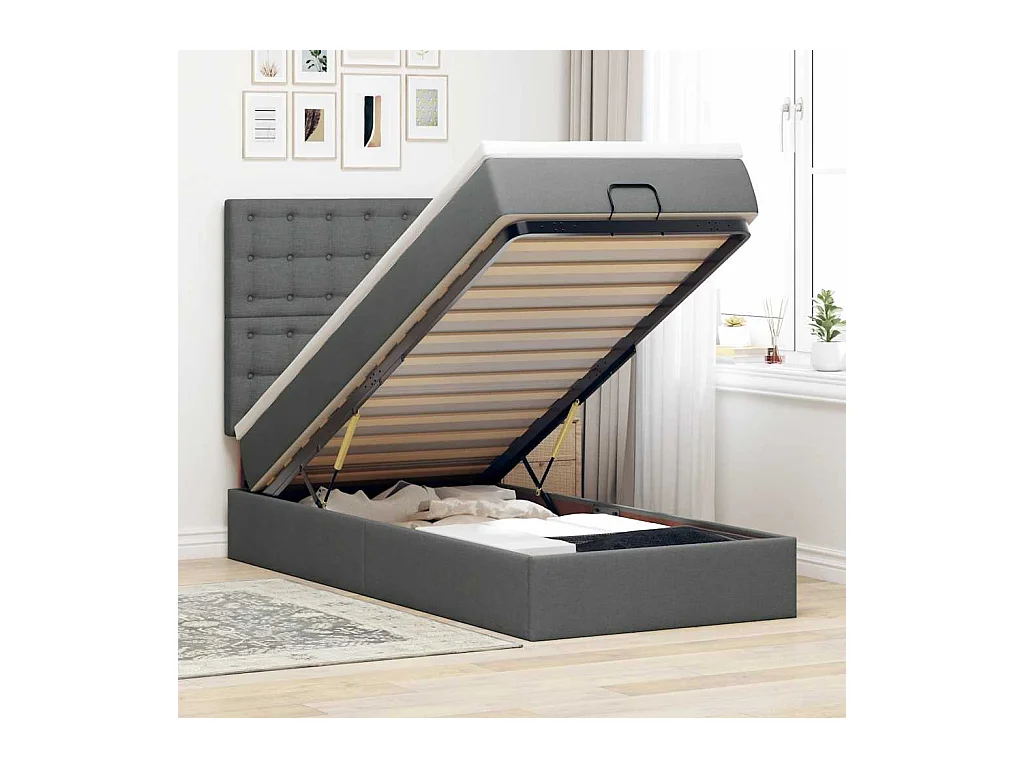 Cadre de lit ottoman avec matelas gris foncé 100x200 cm tissu