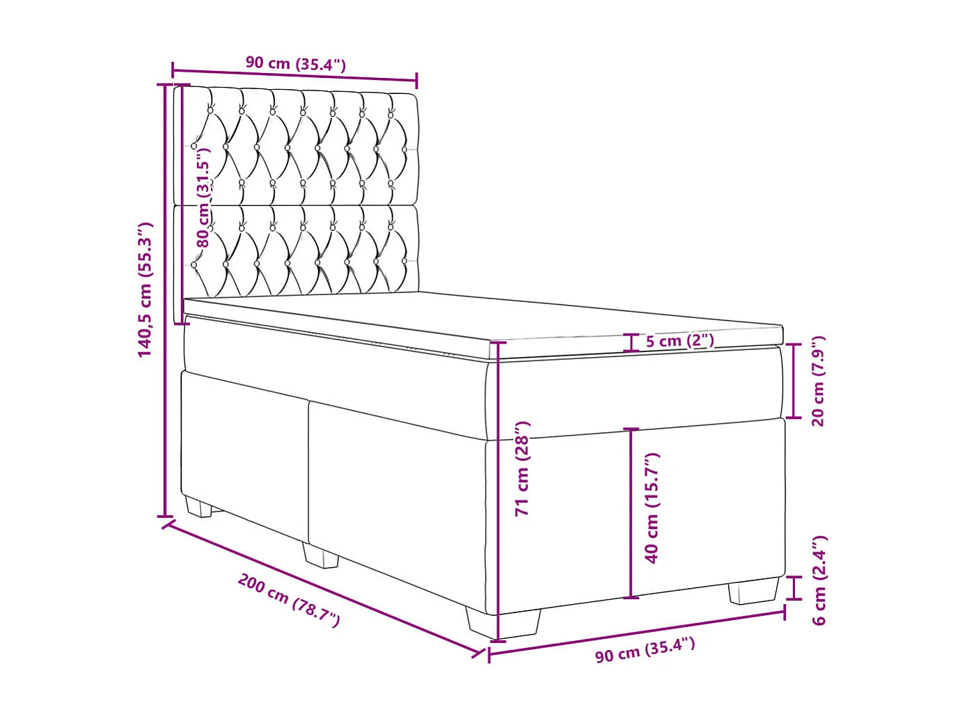Cama box spring con colchón terciopelo gris oscuro 90x200 cm