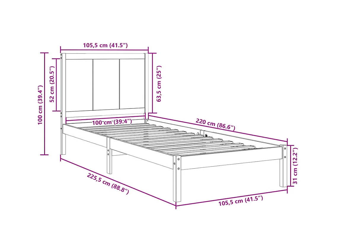 Cadre de lit extra long sans matelas 100x220 cm bois massif