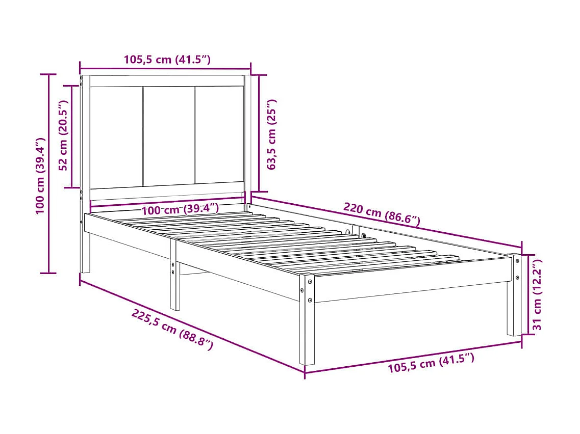 Bedframe extra lang zonder matras massief hout 100x220 cm