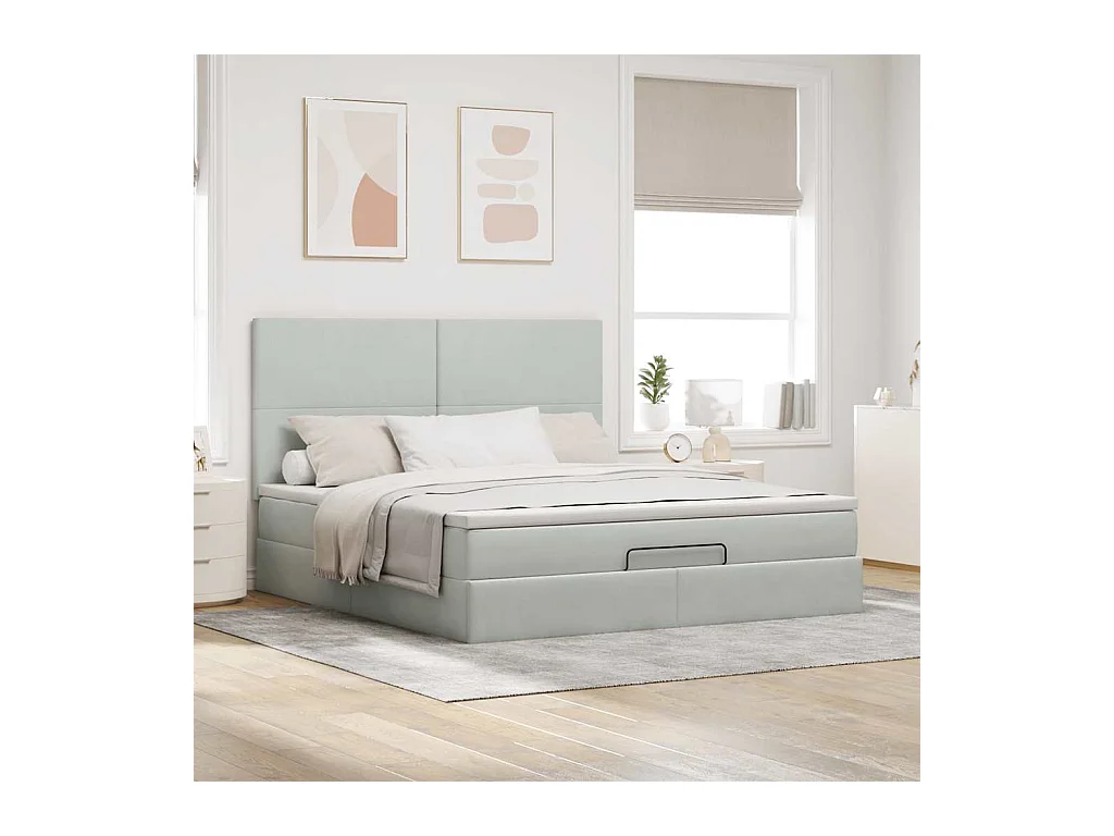 Cadre de lit ottoman et matelas gris clair 160x200cm velours
