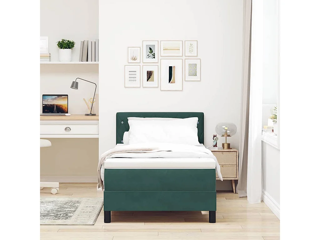 Lit à ressorts avec matelas Vert foncé 90 x 190 cm Velours