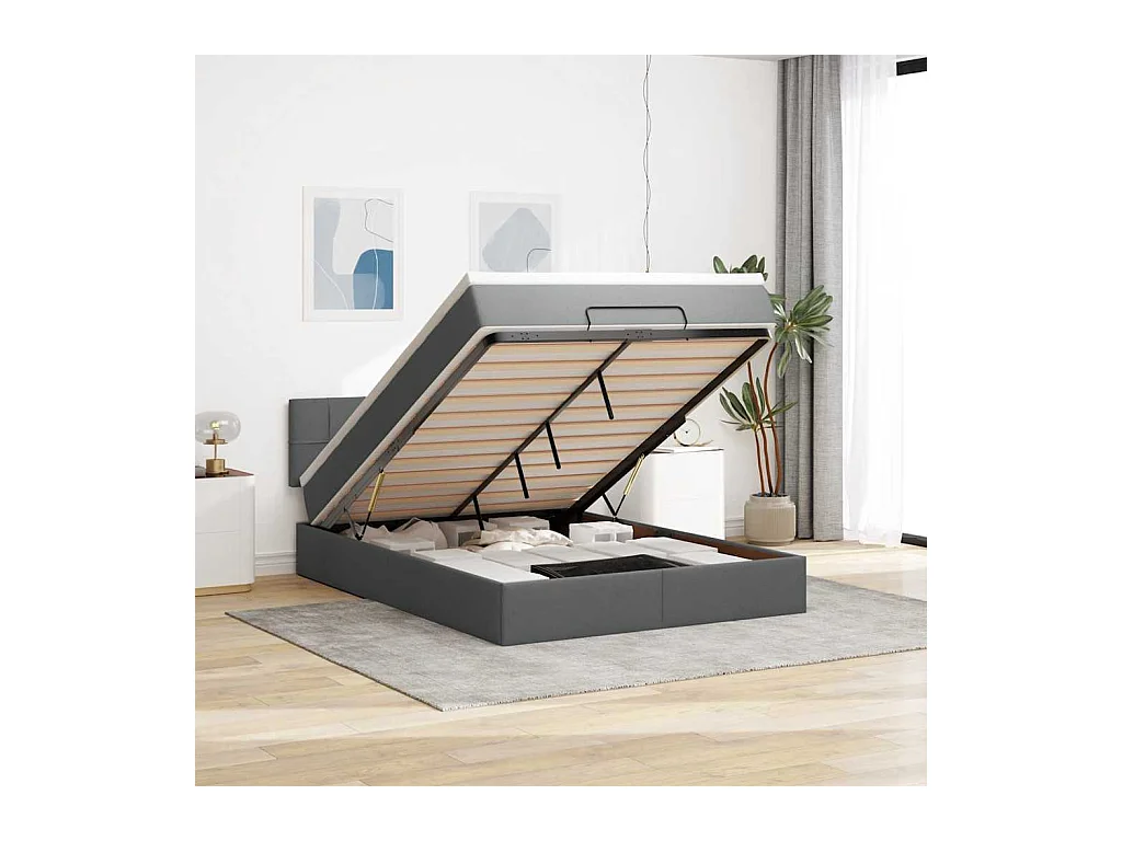 Lit ottoman avec matelas gris foncé 140x190 cm tissu