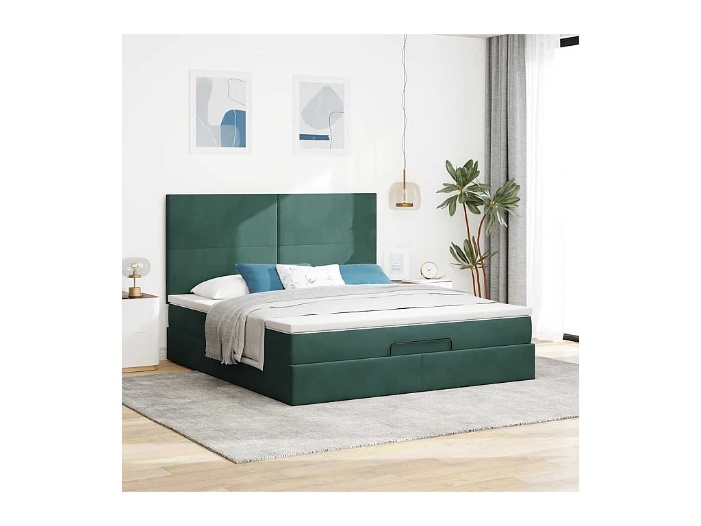 Cadre de lit ottoman avec matelas vert foncé 160x200 cm velours