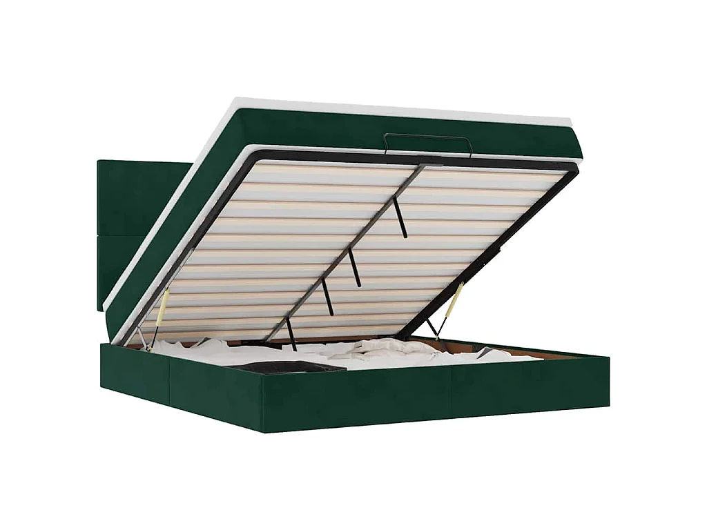 Estructura de cama otomana colchones terciopelo verde oscuro