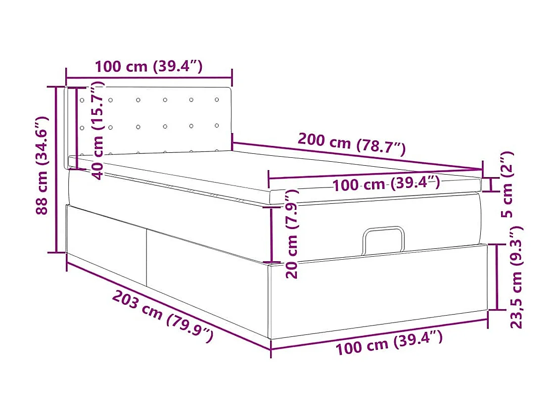 Cadre de lit ottoman avec matelas bleu foncé 100x200 cm velours