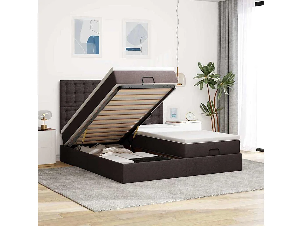 Estrutura de cama otomana com colchões tecido castanho escuro