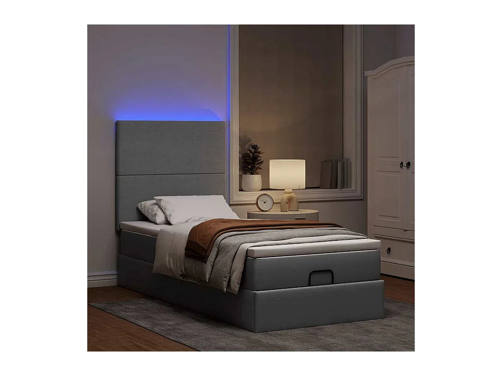 Ottoman-Bett mit Matratze & LEDs Hellgrau 100x200 cm Stoff