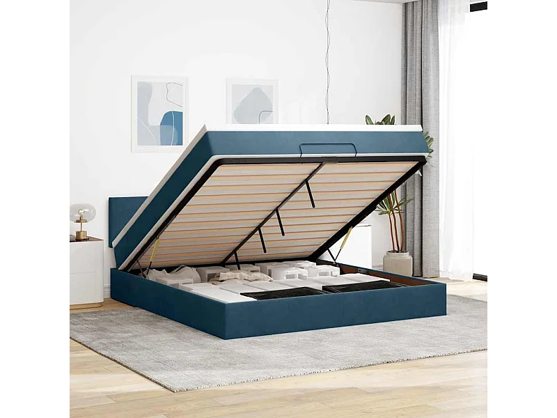 Cadre de lit ottoman avec matelas bleu foncé 160x200 cm velours