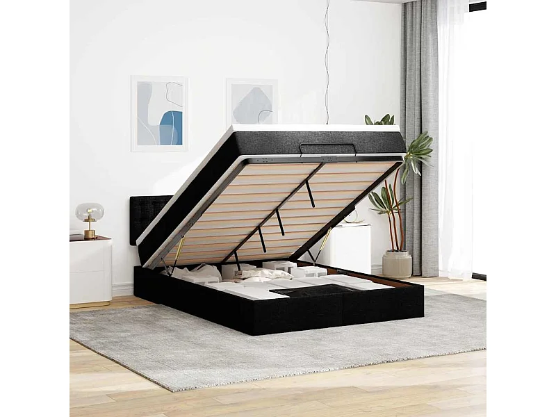 Cama otomana com colchão 140x190 cm tecido preto