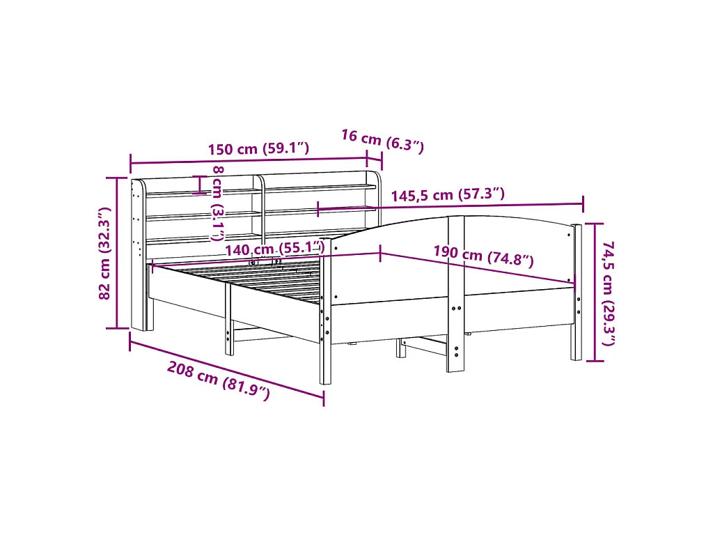 Cadre de lit sans matelas cire marron 140x190cm bois pin massif
