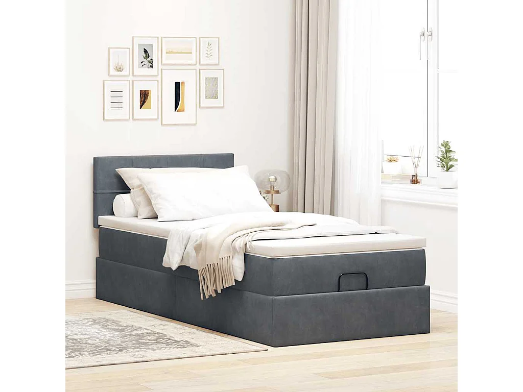 Estructura cama otomana colchón terciopelo gris oscuro