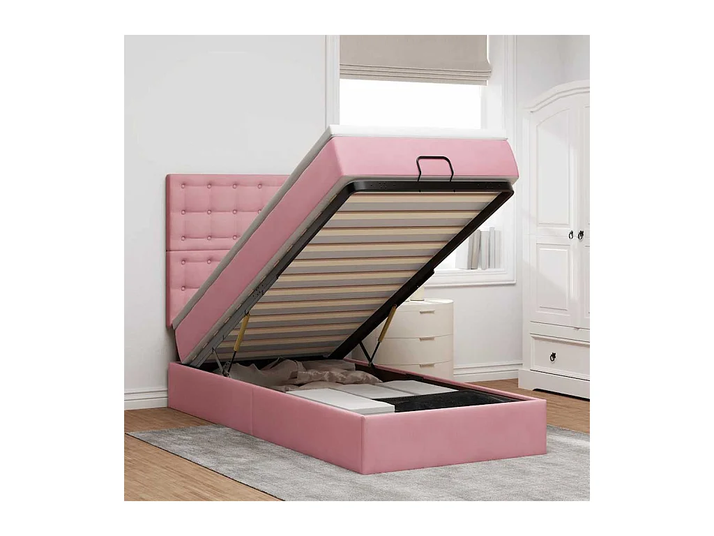 Cadre de lit ottoman avec matelas rose 100x200 cm velours