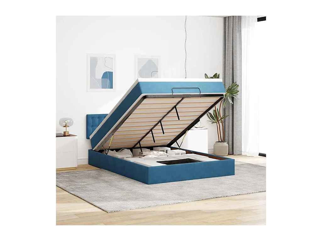 Cadre de lit ottoman avec matelas bleu foncé 140x190 cm velours