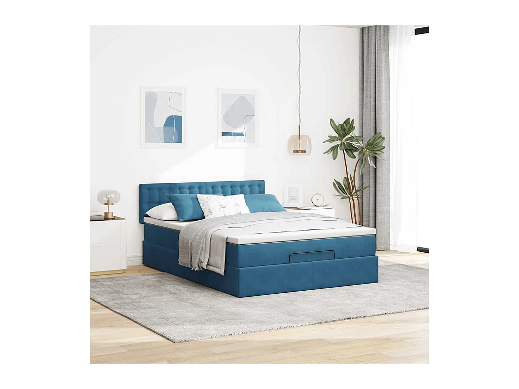 Cadre de lit ottoman avec matelas bleu foncé 140x190 cm velours
