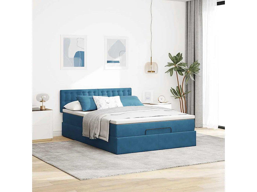 Cadre de lit ottoman avec matelas bleu foncé 140x190 cm velours
