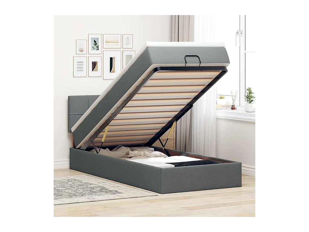 Ottoman-Bett mit Matratze & LEDs Dunkelgrau 90x190 cm Stoff