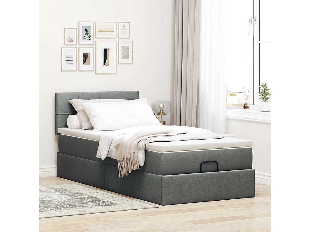 Cadre de lit ottoman avec matelas gris foncé 90x190 cm tissu