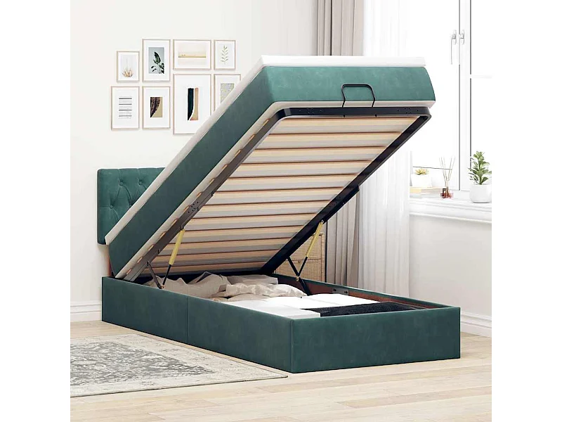 Estructura de cama otomana con colchón terciopelo verde oscuro