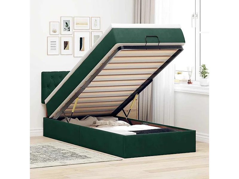 Cadre de lit ottoman avec matelas vert foncé 90x200 cm velours